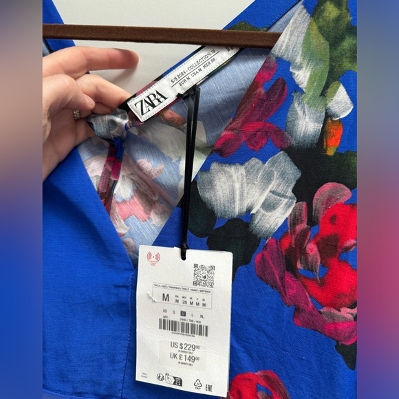 ZARA TRAF S/S 24 Hand Dyed Blue Floral Chinoserie Dress Draped Long Sleeve Sz M - Picture 8 of 12